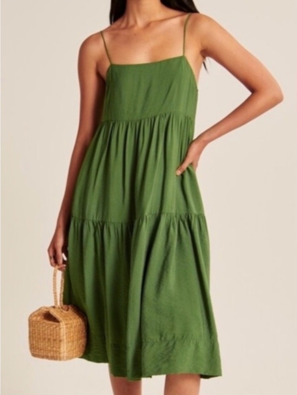 Abercrombie & Fitch Olive Green Spaghetti-Strap Tiered Trapeze Midi Dress